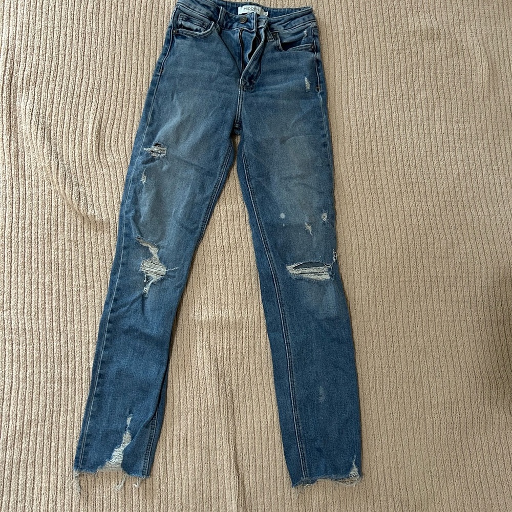 Hidden Distressed Straight Leg Blue Jeans